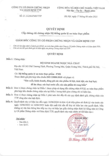 Chứng chỉ an toàn thực phẩm
Chay Thiện Giác